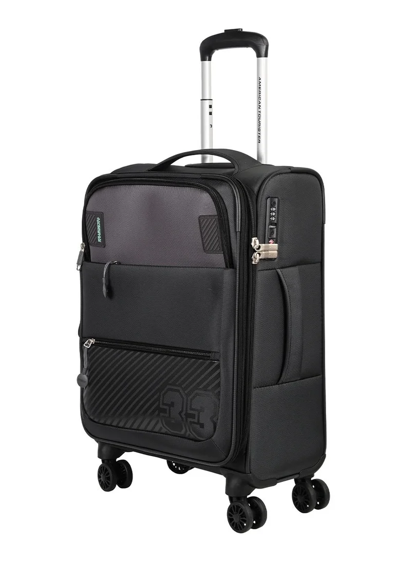 AMERICAN TOURISTER  Majoris + Suitcase, Cabin Size 59 cm, 4 Spinner Wheels, Soft Top, 100% Polyester, Black|Corner Guards|Multi Front Pocket|TSA Combination Lock|Expandable|Retractable Aluminum Handle - 3 Years International Warranty  | Best Price UAE